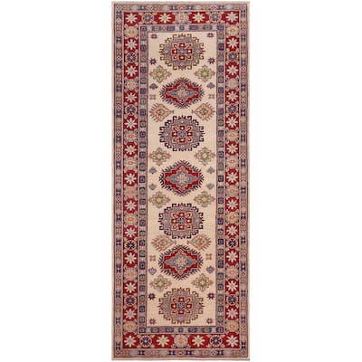 Tribal Kazak Dante Beige/Red Wool Runner - 2'8'' x 8'0''