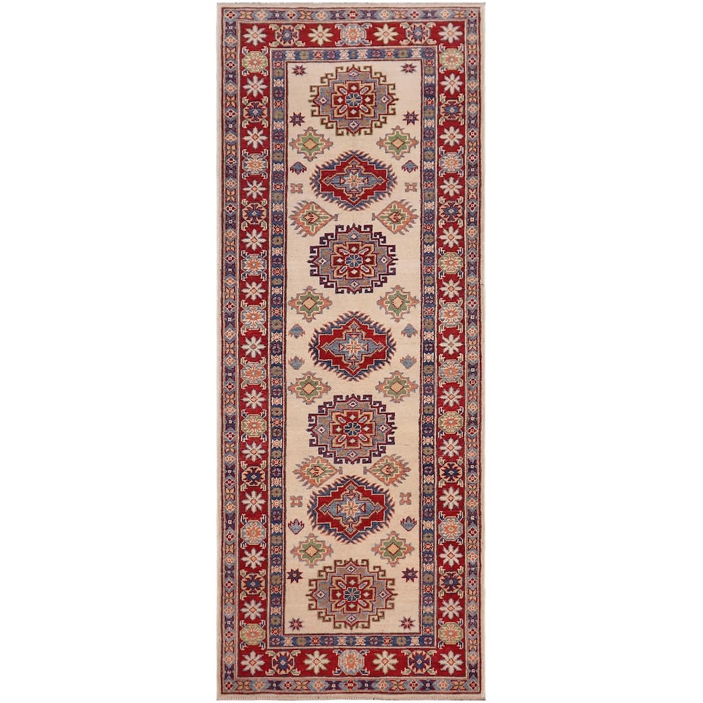Tribal Kazak Dante Beige/Red Wool Runner - 2'8'' x 8'0''