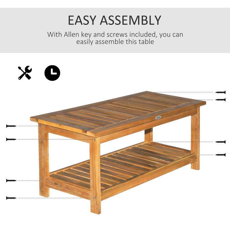 Outdoor Coffee Table 2-Shelf Acacia Wood Rectangular Buffet Storage Organizer Natural Finish Patio, Deck, Lawn, Garden