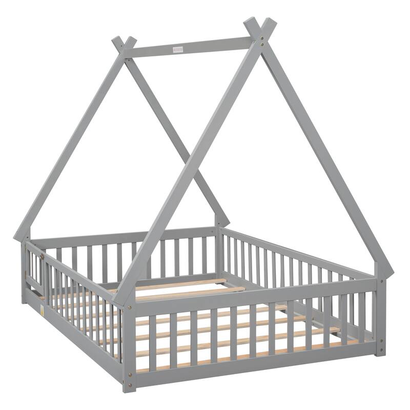 Full Tent-shaped Floor Bed, with Guardrails, Slats, Door