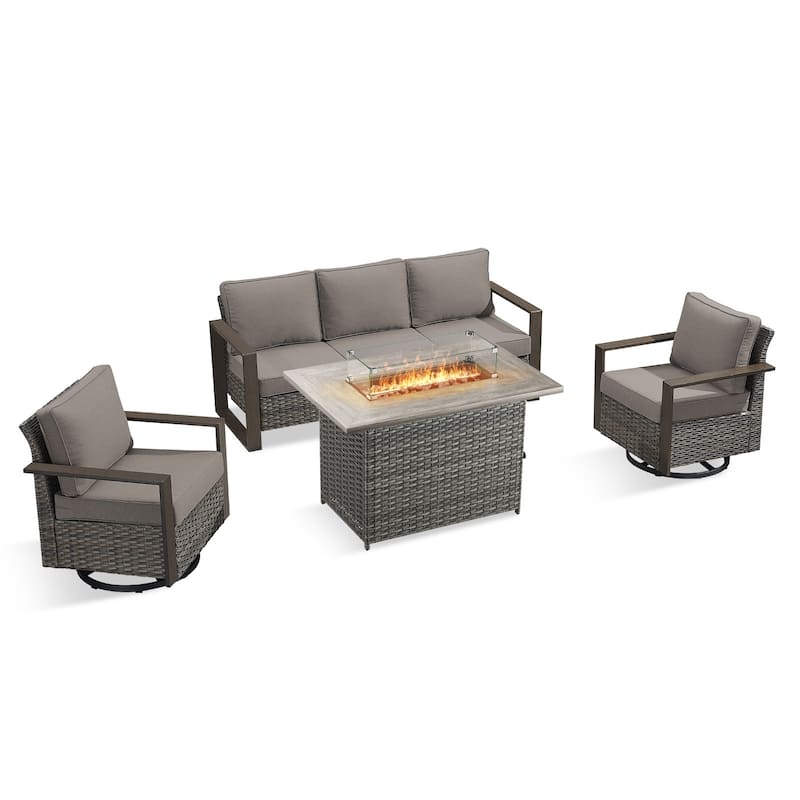 Pocassy 4 Pieces Outdoor Sofa Swivel Chair with Fire Pit Table Set