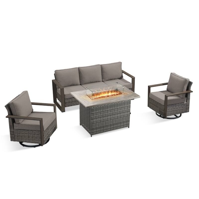 Pocassy Outdoor Wicker Sofa Swivel Chair with Fire Table Set