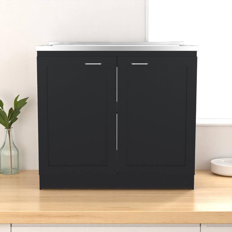 39" Utility Sink Base Cabinet with Stainless Steel Sink, 2 Doors and Shelves for Kitchen,Laundry or Garage - Black