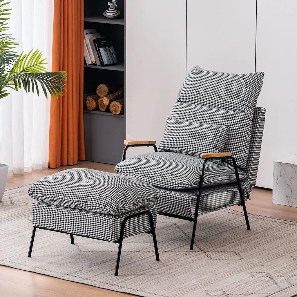 MCombo Accent Recliner with Ottoman, Fabric Arm Club Chair with Metal Legs, Adjustable Backrest and Pillow