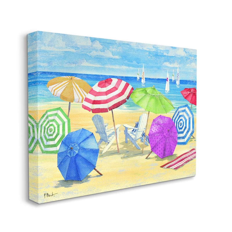 Stupell Umbrella Coast Vibrant Beach Landscape Stretched Canvas Wall ...