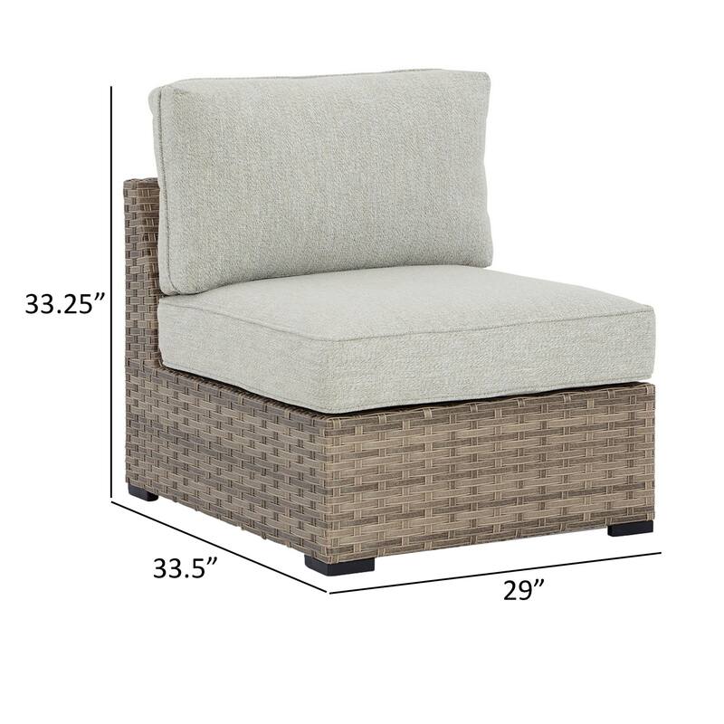 Walter 34 Inch Outdoor Armless Chair Set of 2, Wicker, Beige Fabric Cushion
