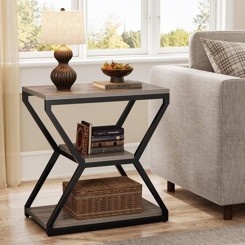 23.62 Inches Brown Wooden End Table, 3-Tier Industrial Rectangle Sofa Side Table for Living Room - Grey - 1 Pc