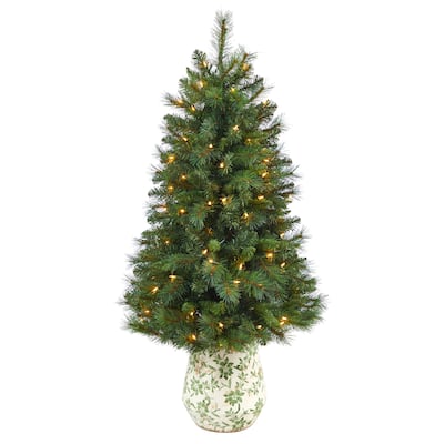 4.5' Artificial Christmas Tree with 100 Lights in Floral Print Planter