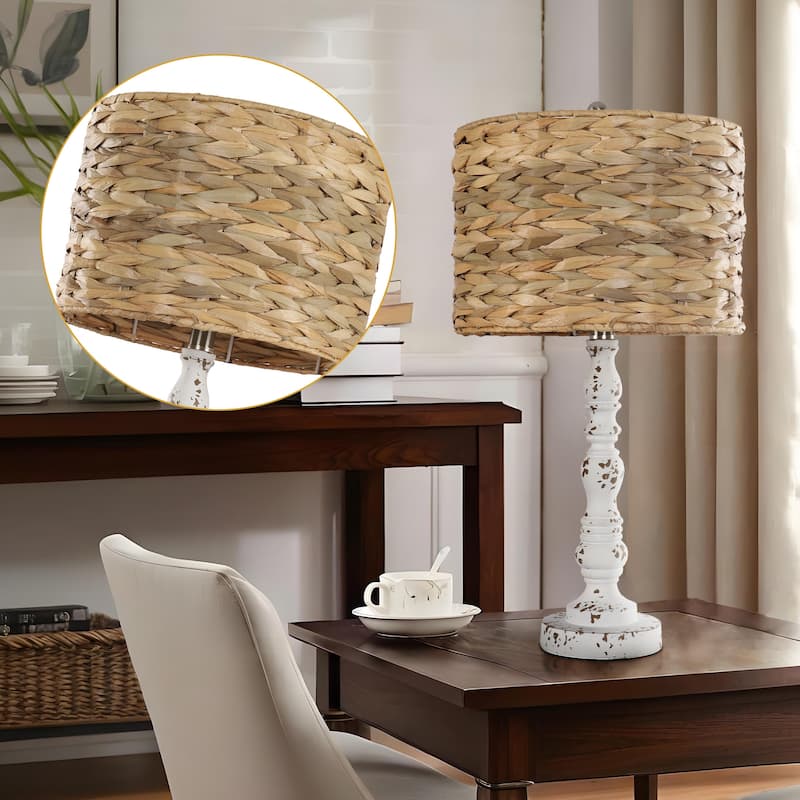 1-Light White Candlestick Table Lamp Rattan Drum Shade