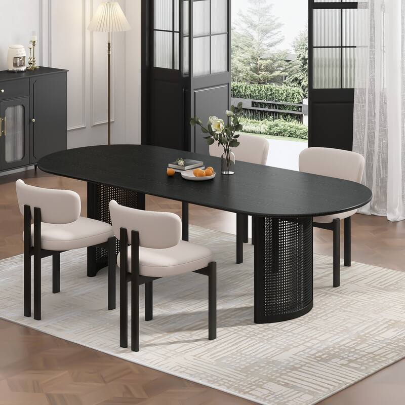 Oval Dining Table with Arc-Shaped Edge Top and Rattan Woven Base Modern Farmhouse Kitchen Table for Living Room Dining Room