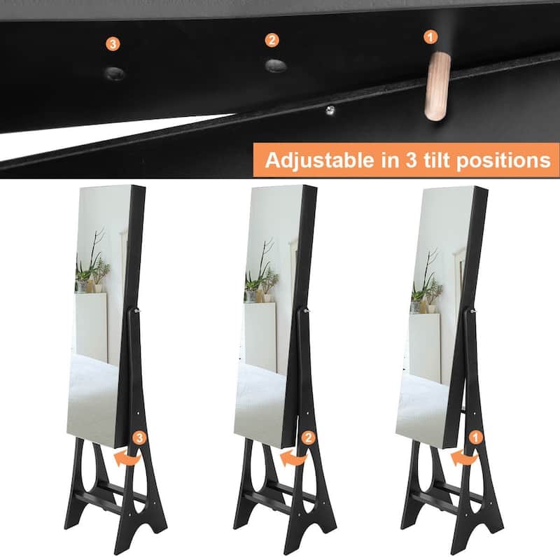Black Standing Mirror Jewelry Cabinet with 3 Angle Tilting Positions and 5 Lined Shelves - 14.5" x 13.5" x 61" (L x W x H)