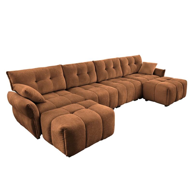141.7" Chenille 4-Seater Sofa Set with 2 Ottomans, Solid Wood Frame and High-Resilience Cushions