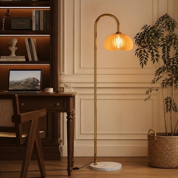 Mid-Century Wooden Pumpkin Arc Floor Lamp with Marble Base - Bed