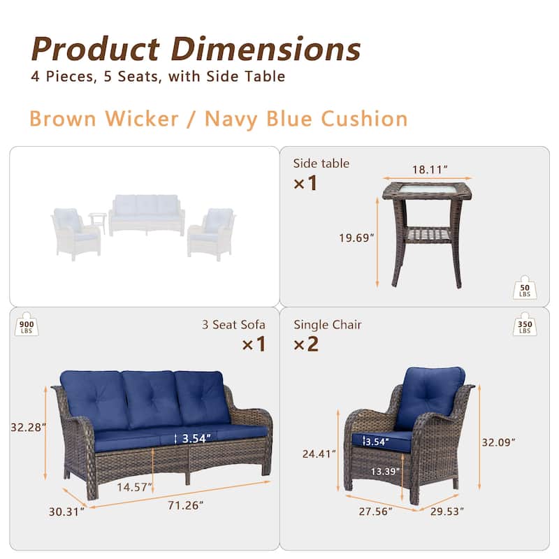 4 Piece Wicker Outdoor Patio Furniture Set High Back Chair and Sofa
