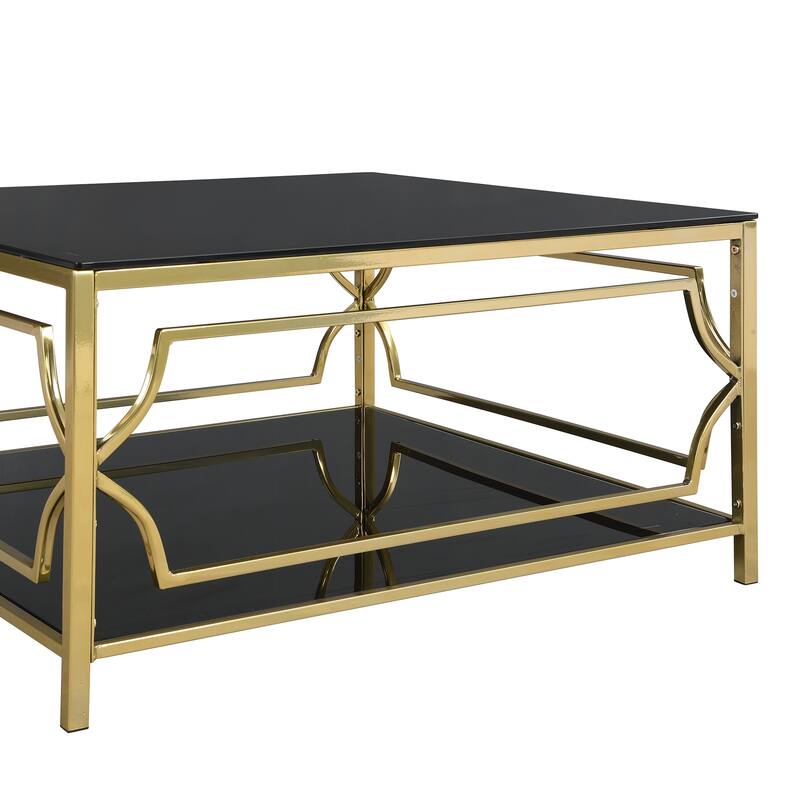 Luxe Square Glass Coffee Table with Geometric Gold Frame & Lower Display Shelf by Harper&Bright Designs