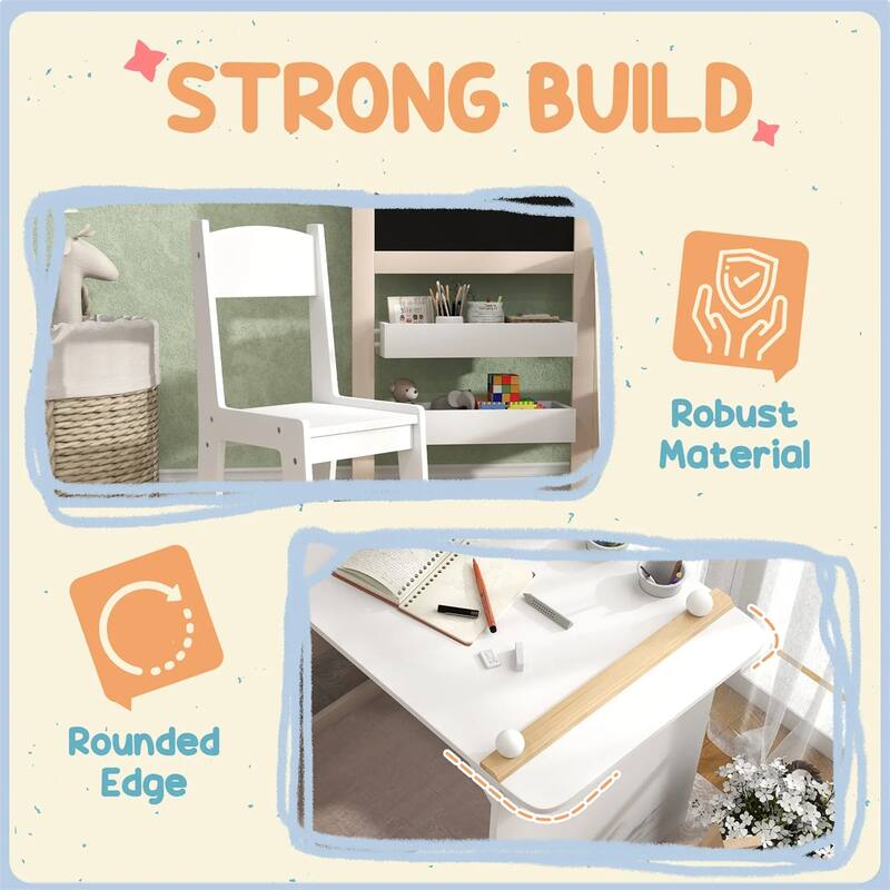 3-in-1 Children's Art Desk and Chair Set with Whiteboard-Blackboard and Storage Shelf - 32.1" L x 43.9" W x 40.3" H