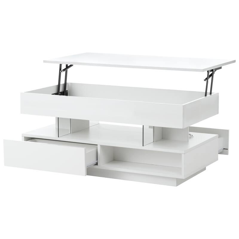Modern Multifunction Center Table Lift Top Coffee Table with Hidden Compartment, Ajustable LED Lights and 2 Storage Drawers