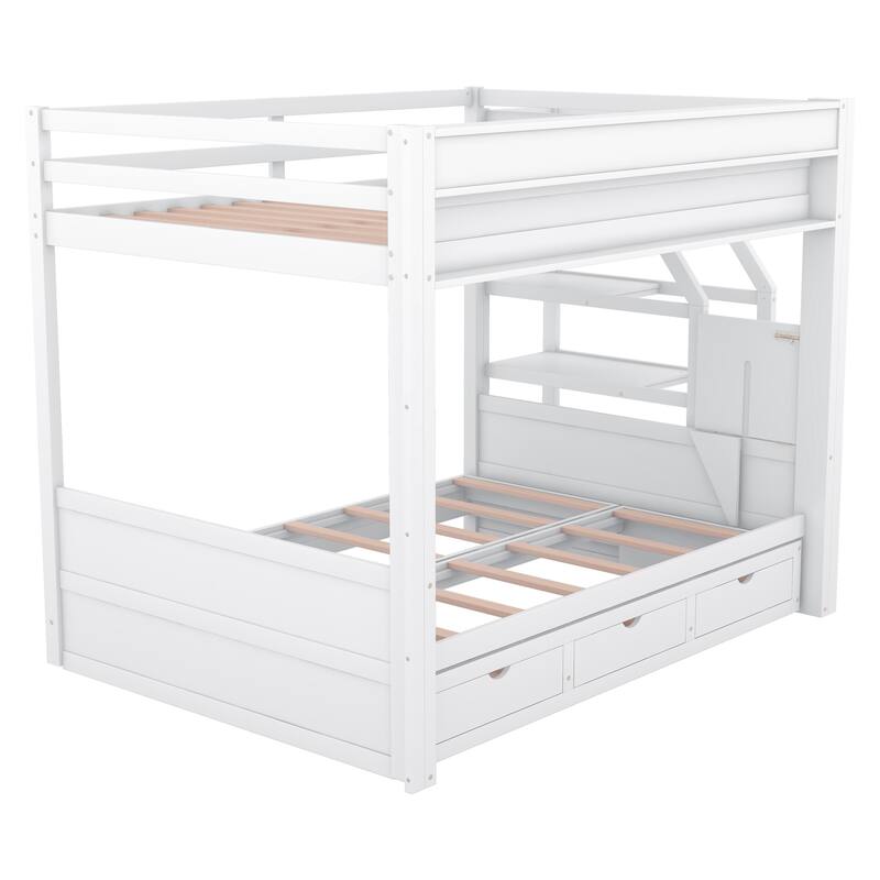 Full Size Convertible Bunk Bed with 3 Drawers, Bedside Table, and Space-Saving Storage Staircase