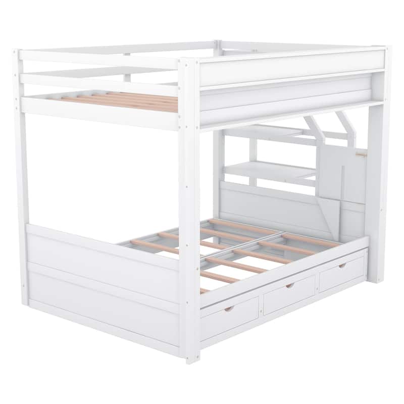White Full Size Solid Wood Convertible Bunk Bed with Storage Staircase, Bedside Table, and 3 Drawers