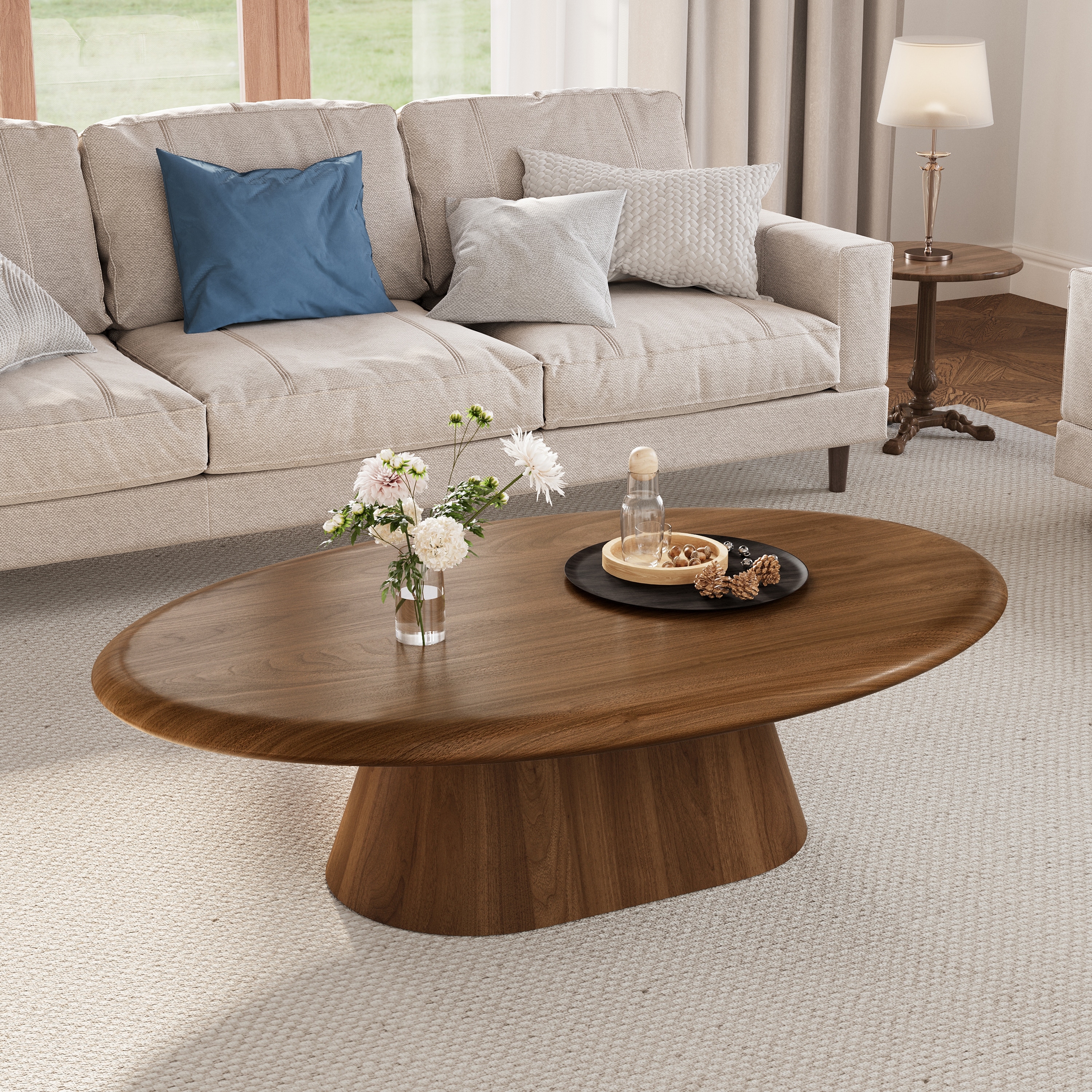 51.1" Mid-Century Modern Oval Coffee Table - Solid Wood Veneer, Living Room Center Table