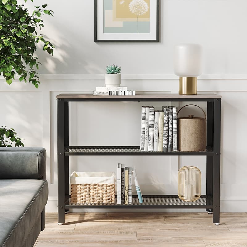 Greige and Black Console Table with Rustic Particleboard Top and Steel Frame - 40”L x 13.8”W x 31.5”H (101.5 x 35 x 80 cm)