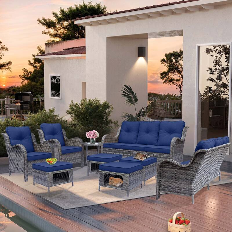 High Back Gray Wicker Outdoor Patio Furniture Sofa Seating Set with Cushions