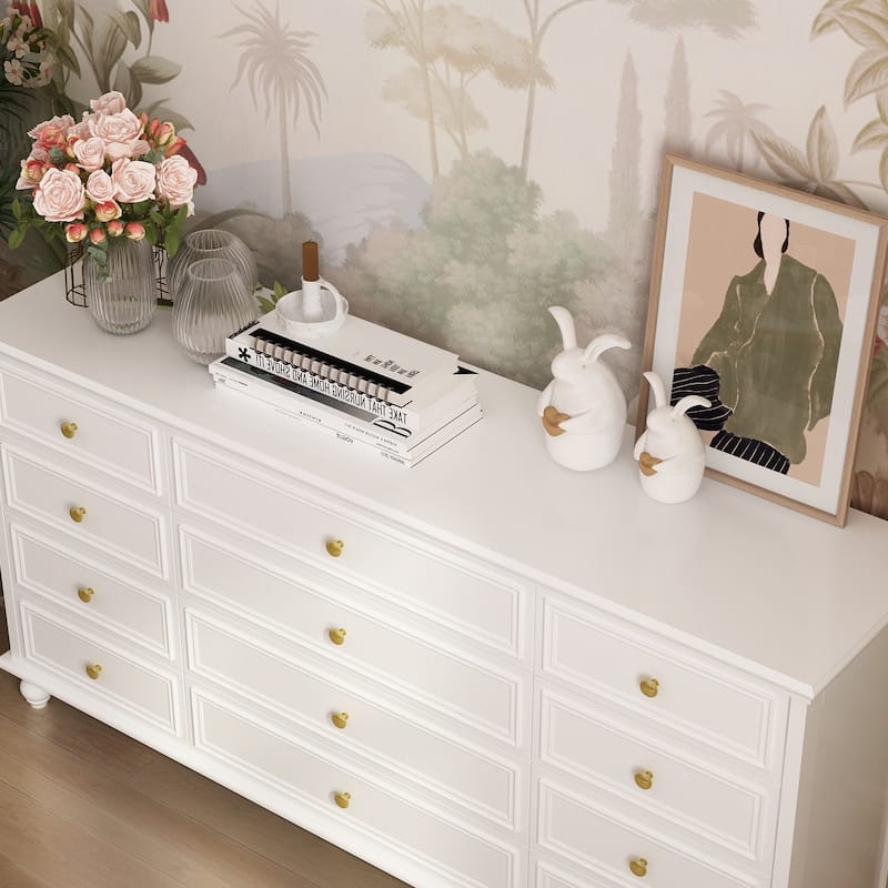 63" Wide 9/12 Drawer Dresser for Bedroom, Modern Farmhouse Double Dresser with Gold Knobs, Large Storage Chest