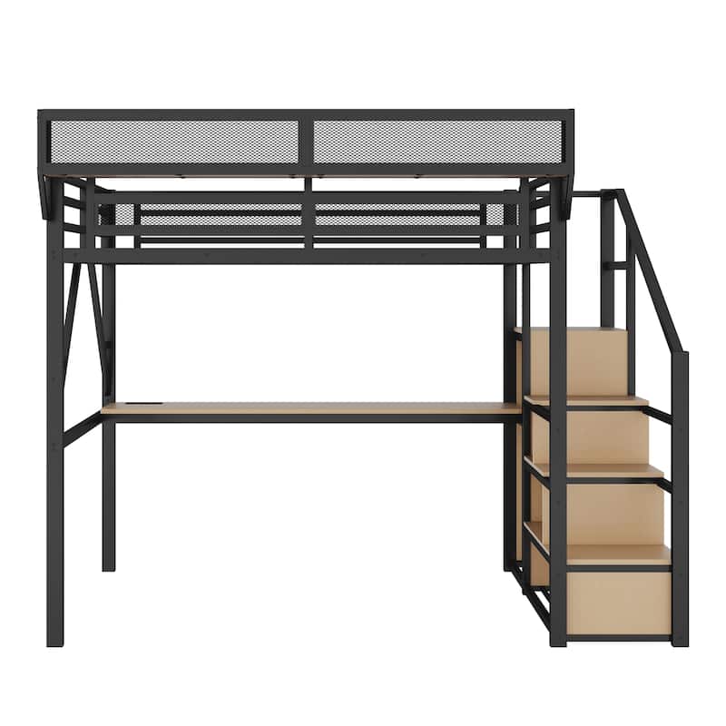 Full Size Metal Loft Bed with Built-In Desk, Charging Station and RGB Lighting, Staircase with Storage and Wardrobe