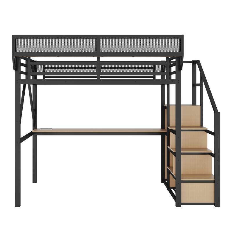 Metal Loft Bed with Storage Stairs Upper Storage Shelves and Wardrobe, Metal Structure Bed Optional Desk Charging Station