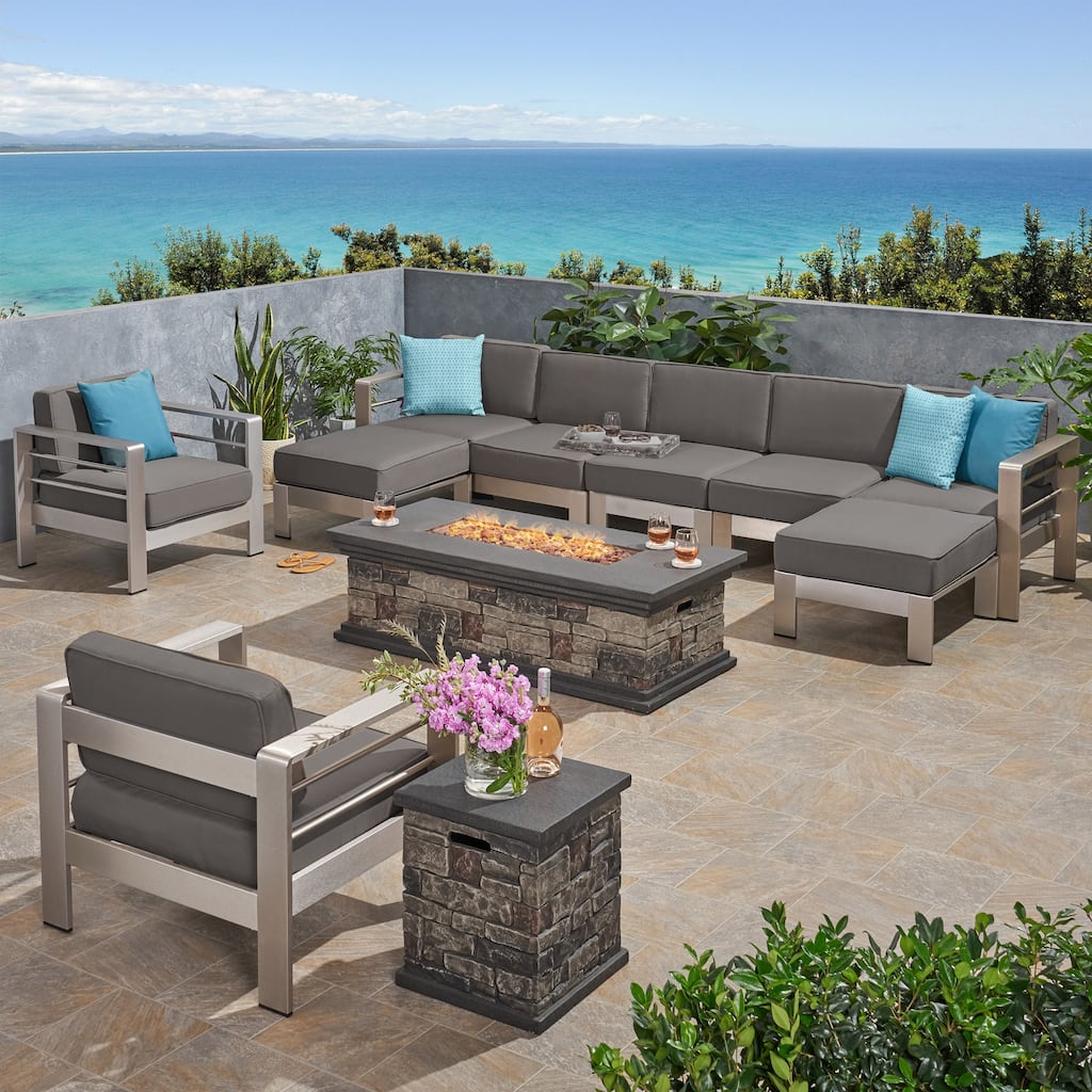 Cape Coral Outdoor 7 Seater Extended Aluminum Chat Set with Fire Pit by Christopher Knight Home