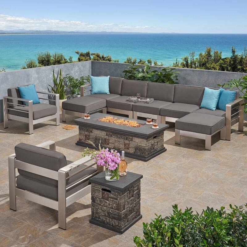 Cape Coral Outdoor 7 Seater Extended Aluminum Chat Set with Fire Pit by Christopher Knight Home - Silver+Grey+Stone Finish