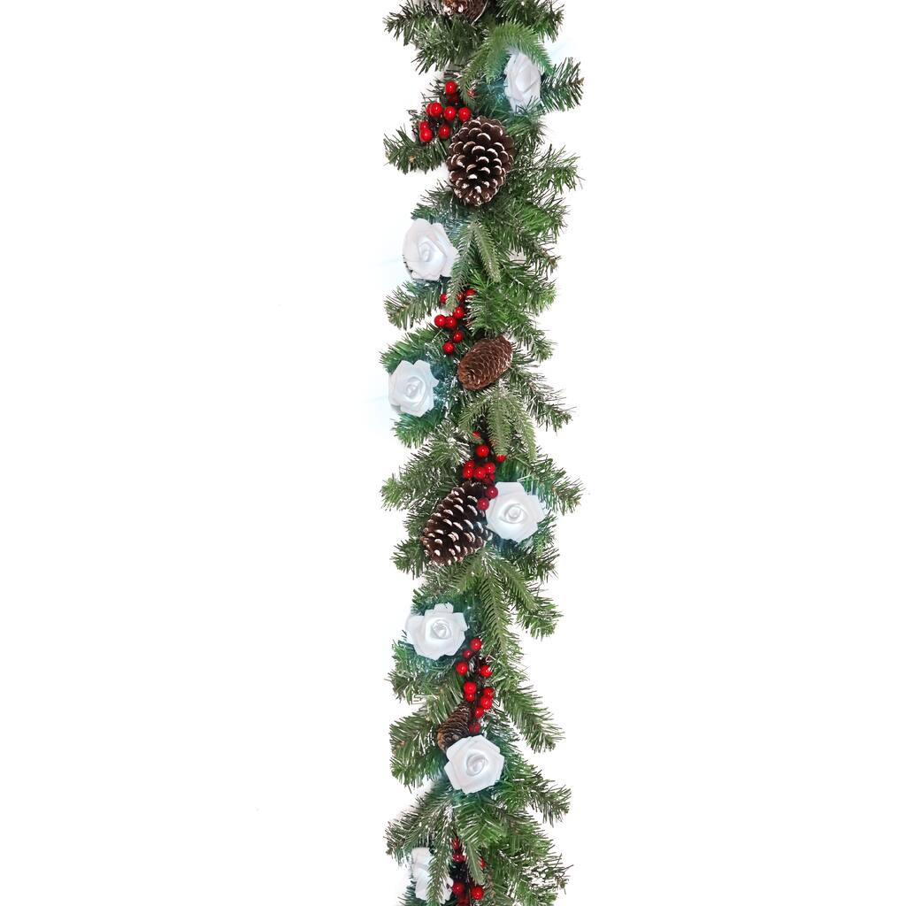 6ft Artificial Mixed Frosted Berry Pine Cone & Pine Christmas Garland with Rose String Light Set - 72" L x 9" W x 6" DP