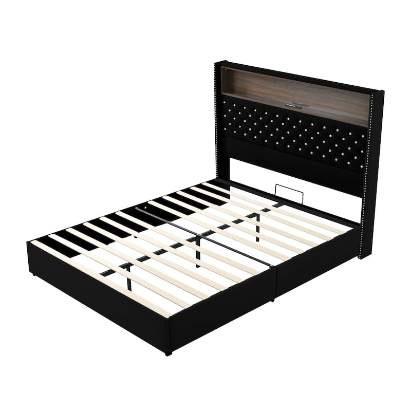 Queen Velvet Tufted Bed Frame with USB Port Night Light and Headboard Shelf