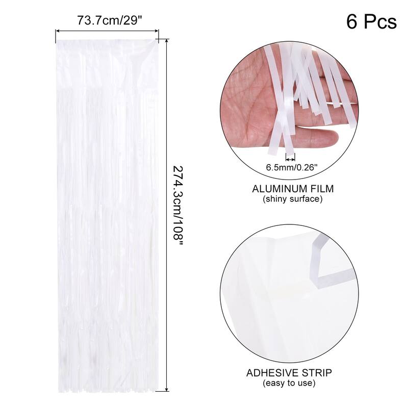 6 Pack 29x108 Inch White Metallic Foil Fringe Tinsel Table Skirts - White