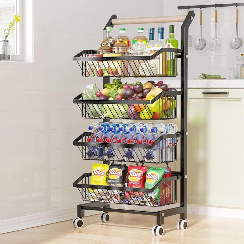 Snack Cart with Wheels 4-Tier Adjustable Fruit Rack Fruit Vegetable Basket Cart - 12.2"D x 15.35"W x 34.45"H - Black With Handle