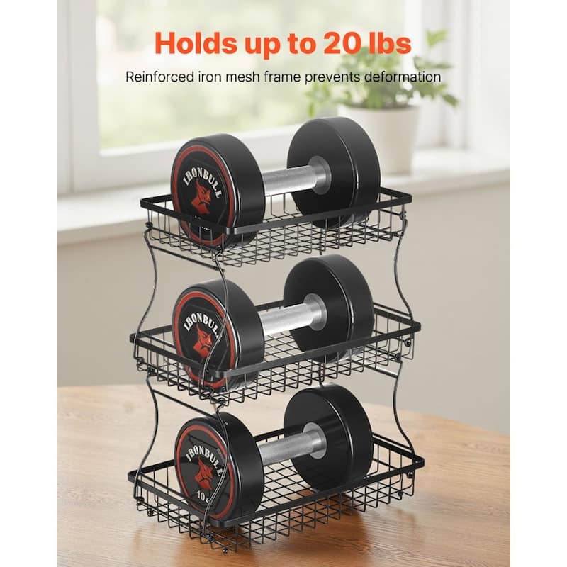 Kitchen Countertop Fruit Storage Rack 3-Tier Matte Black Wire Basket with Side Storage Pouches - 15.16” x 9.06” x 17.91”