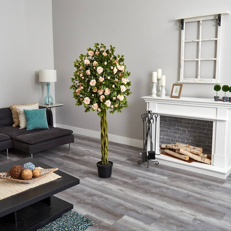 Artificial Island Tree - 6ft Indoor Tree with Pink Blooms & Green Leaves - Home Decor Accent Plant - 51-60 Inches