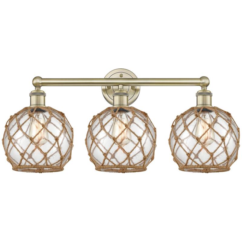Innovations Lighting Endless Possibilities Edison - Farmhouse Rope - 3 Light 26" Bath Vanity Light - Antique Brass/Clear Glass with Brown Rope