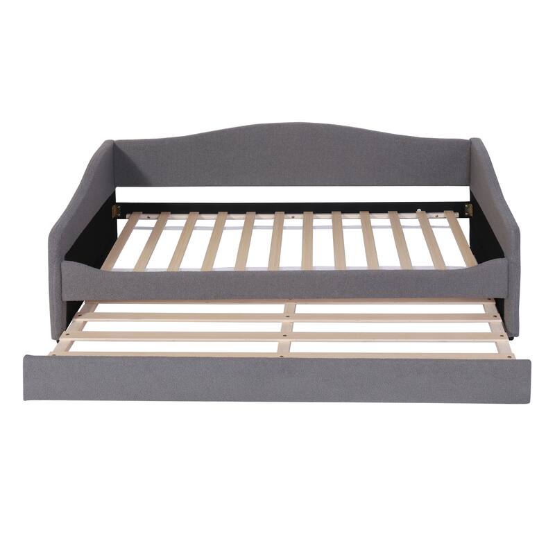 Twin Size Upholstered Daybed with LED Lights, Teddy Fleece Fabric, and Trundle, Perfect for Sleepovers