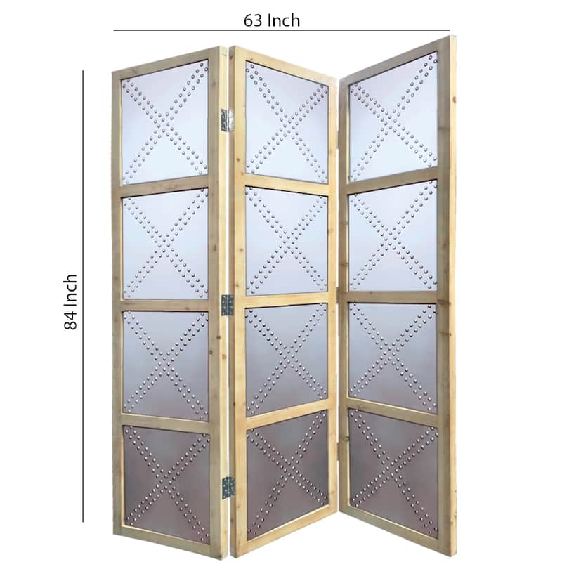 Contemporary 3 Panel Screen with Wood Frame & Nailhead Trim Design, Gray