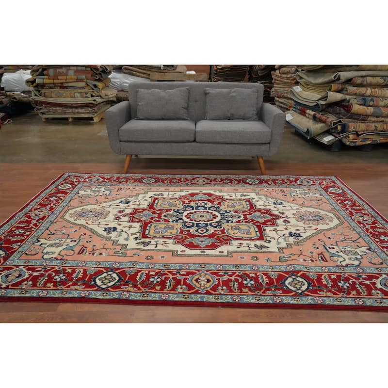 Hand Knotted Oriental 100% Wool Carpet Traditional Medallion Red Heriz (serapi) Area Rug - 8' 8'' X 6' 1''