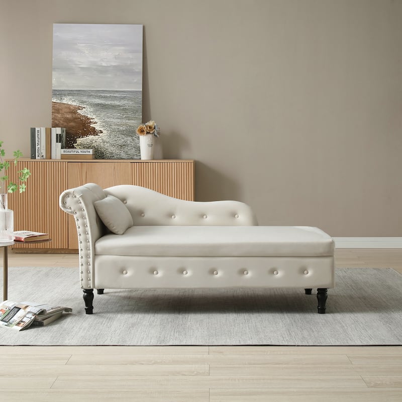 Modern 60" Velvet Upholstered Buttons Tufted Chaise Lounge Chair with Solid Wood Legs and Storage