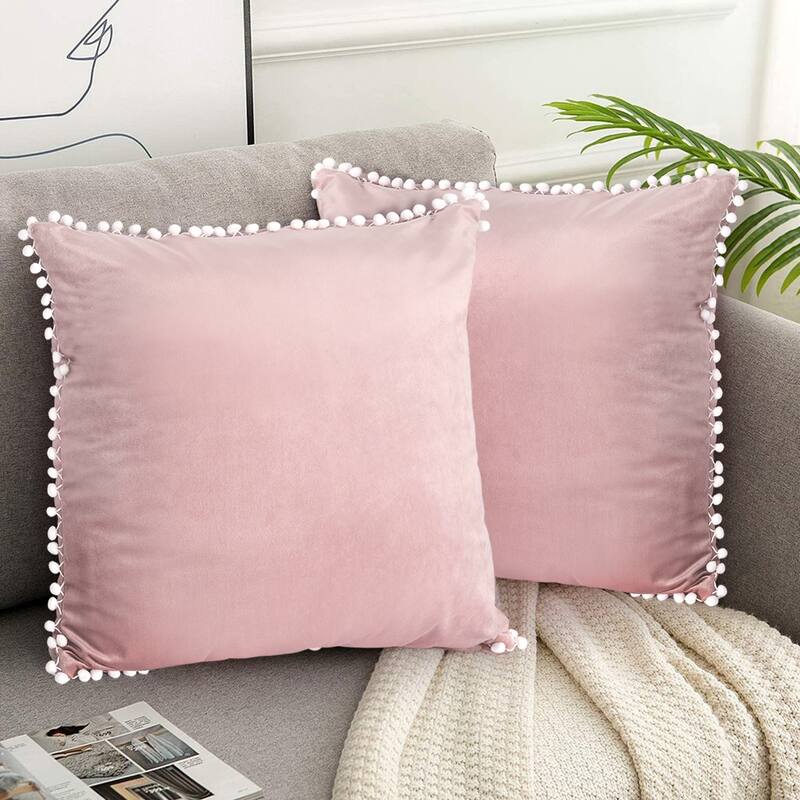 Adeco Set of 2 Decorative Throw Pillow Covers with Pom Poms