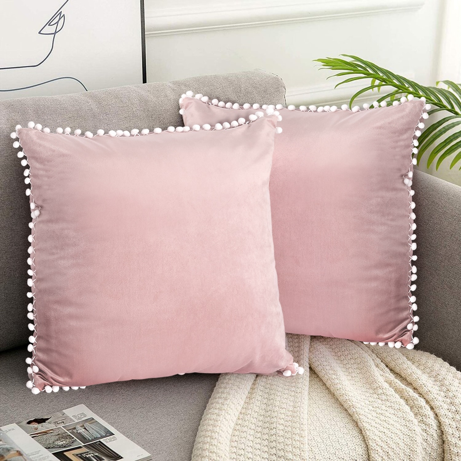 Adeco Set of 2 Decorative Throw Pillow Covers with Pom Poms
