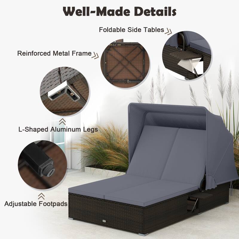 Gymax 2-person Rattan Lounge Bed w/ Retractable Canopy 5-position