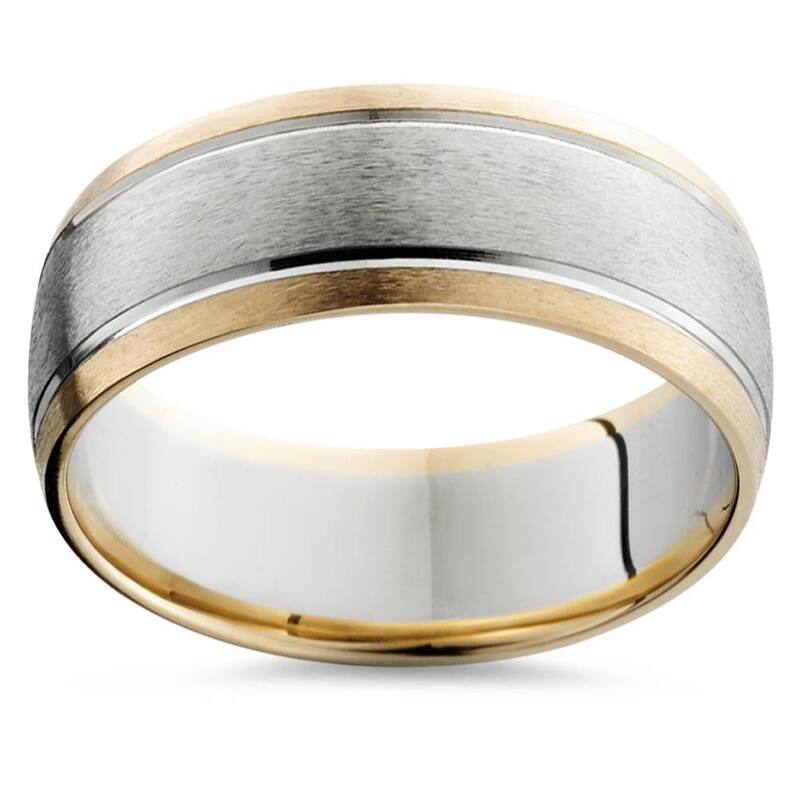Mens Gold 8mm Two Tone Comfort Fit Wedding Band Ring White and Yellow Gold