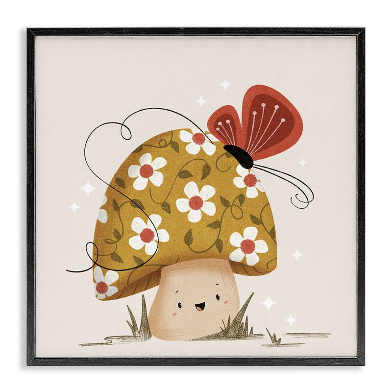 Stupell Happy Mushroom & Butterfly Framed Giclee Art Design By Sarah Hickman - 24 x 24 - Black