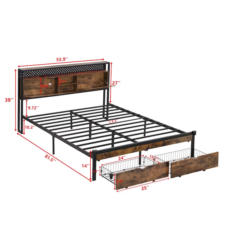 Full Size Modern Metal Platform Bed with Wooden Headboard,2 Drawers and LED Lights
