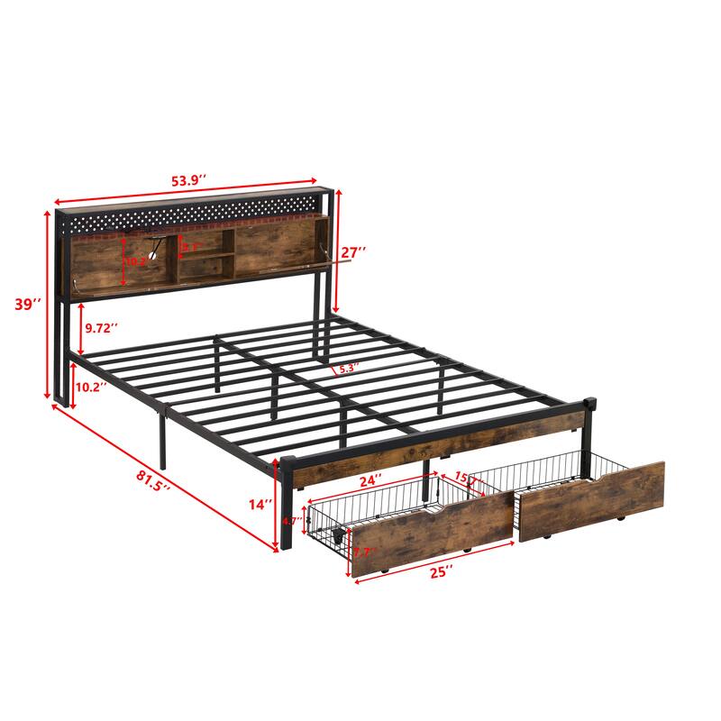 Modern Metal Platform Bed with Wooden Headboard, LED Lights, USB Charging & Under-Bed Storage
