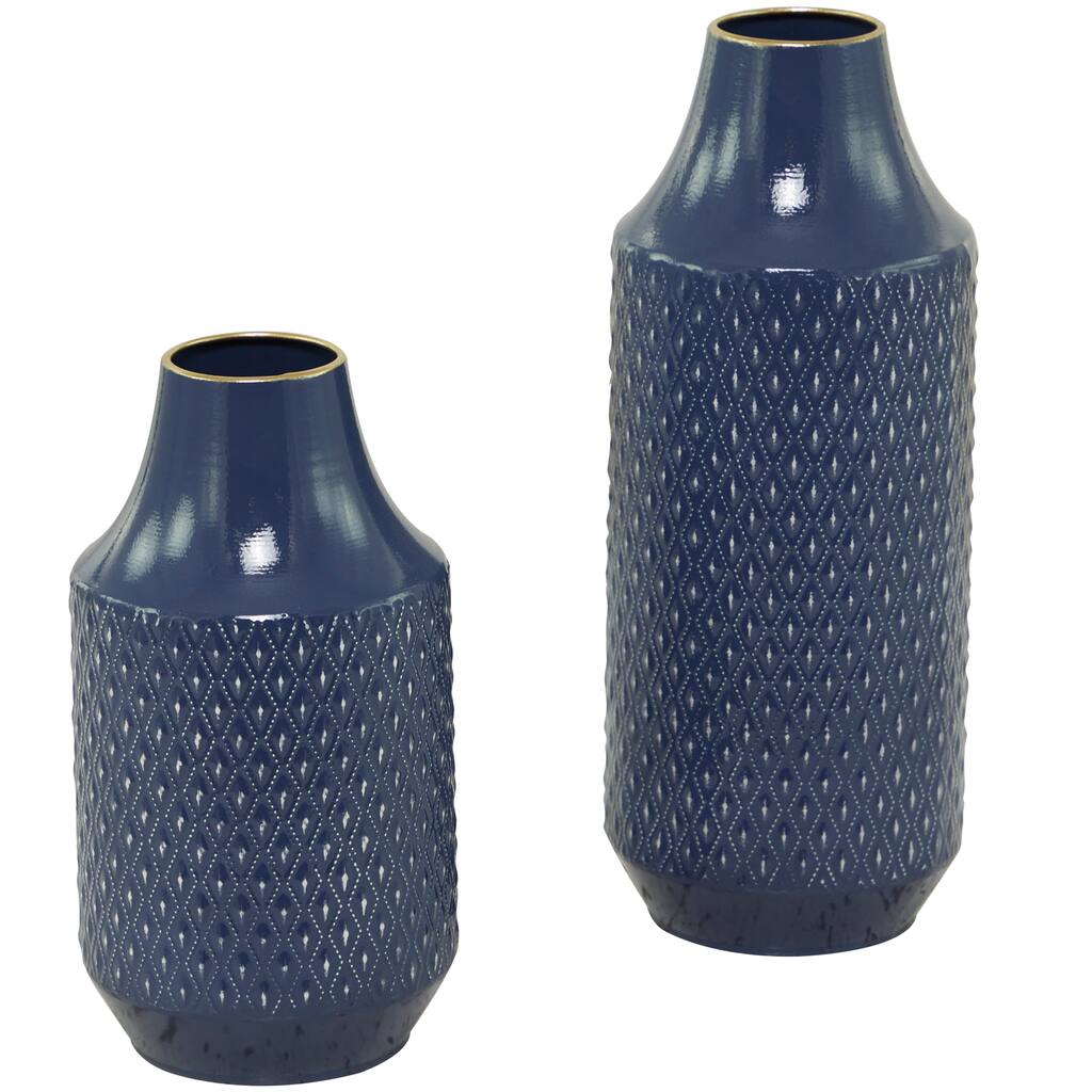 Metal Diamond Embossed Exterior Vase - Set of 2 Blue - Roche River Decor - 6"W x 6"L x 16"H